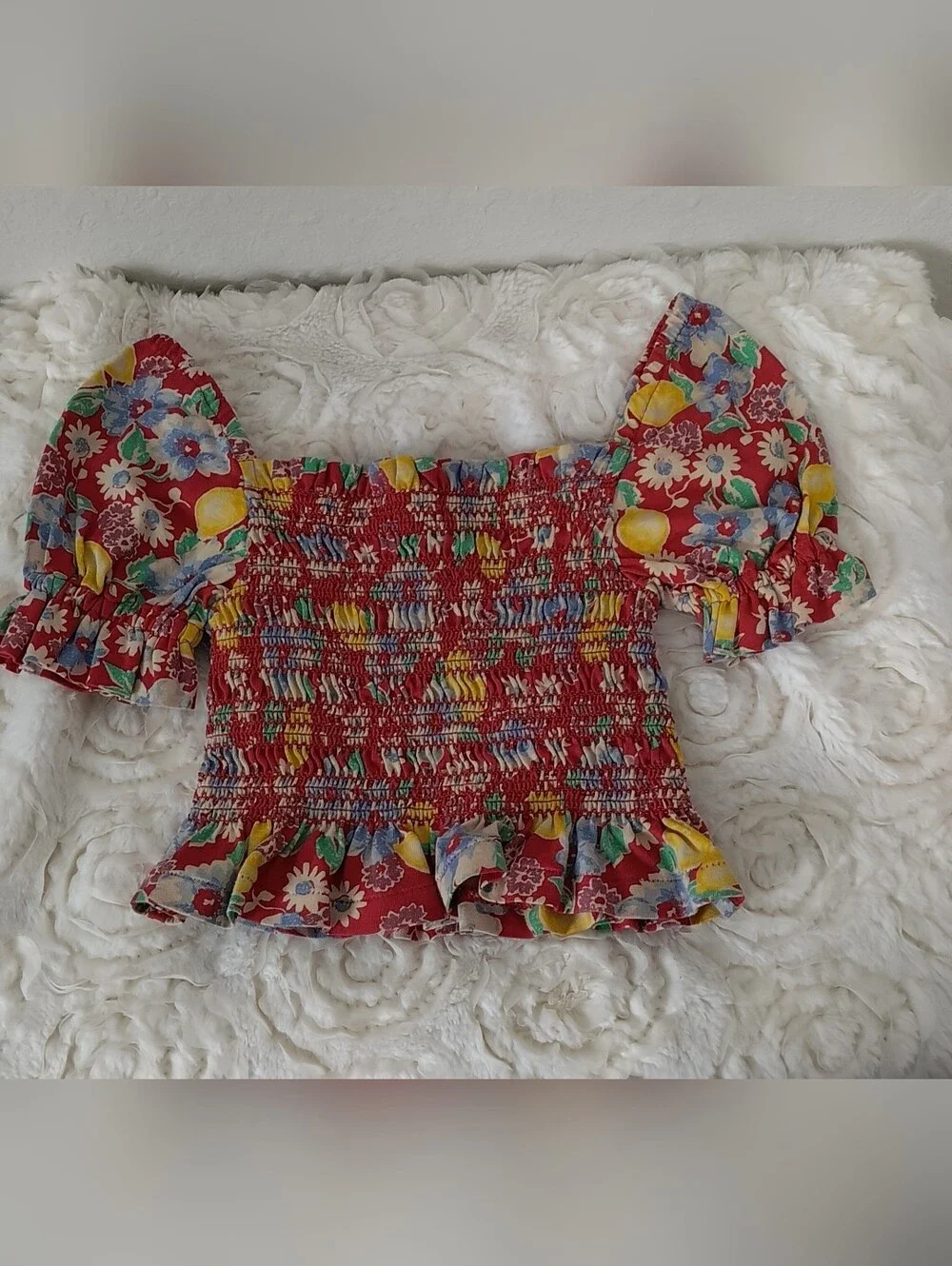 Ralph Lauren Red Floral Smocked Puff Sleeve Top